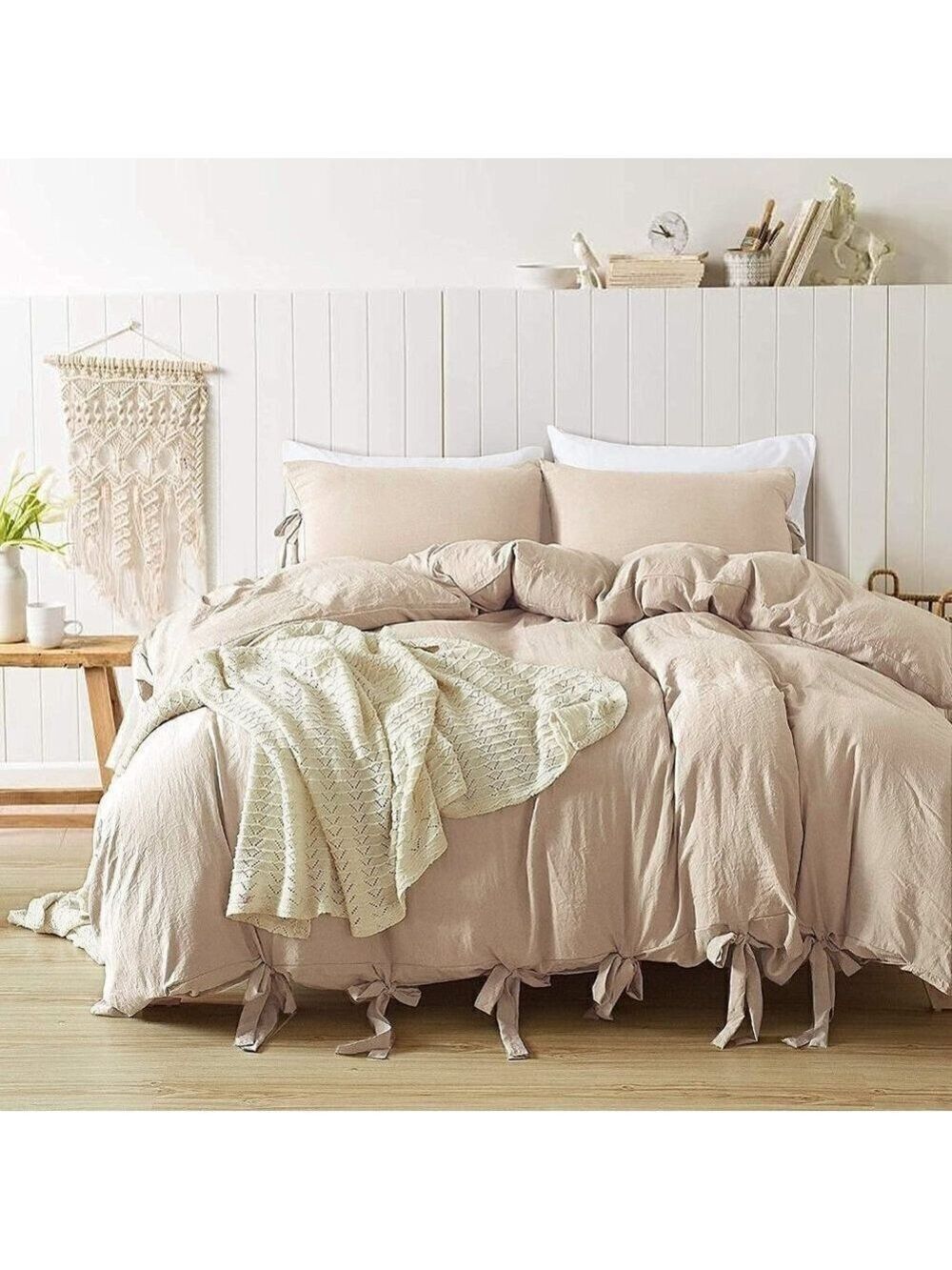 KHAKI Duvet Cover King Size NWT Soft Comforter Cover with Boho Bowknot Bow Tie